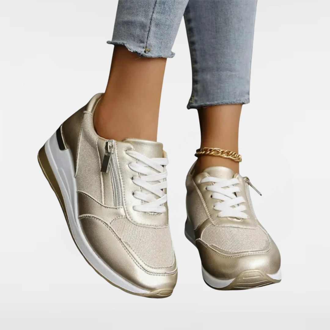 Jenny | Sparkling Silver and Gold Lace-Up Fashion Sneakers with Side Zip