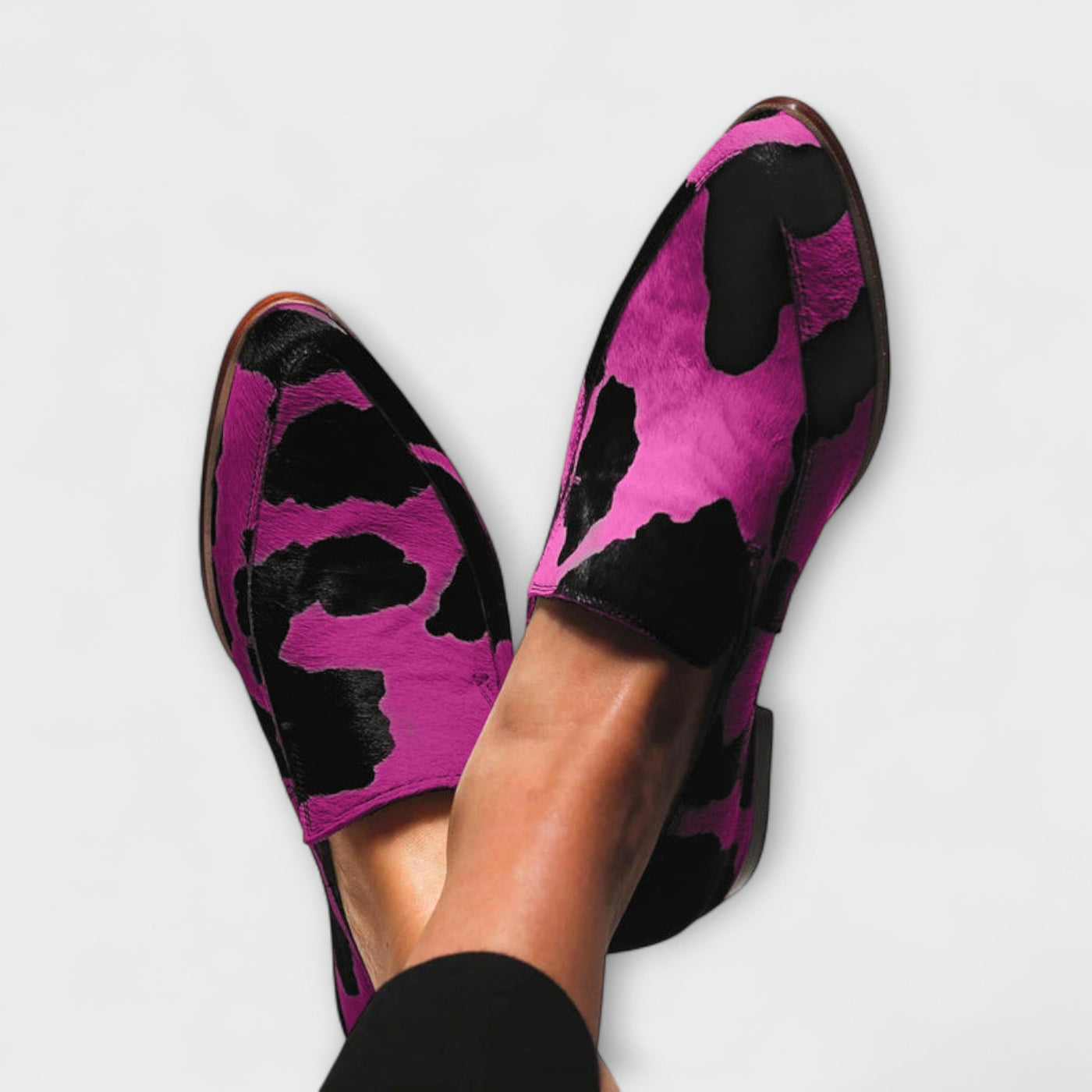 Paloma – Suede Loafers with Cow Print Design
