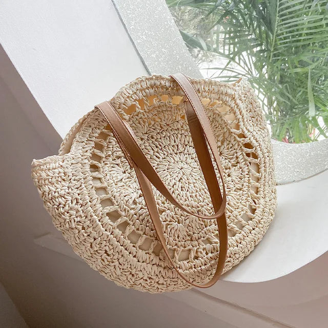 Willow | Circular Woven Handbag with Faux Leather Handles