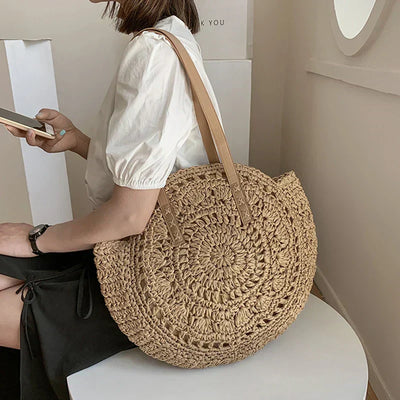 Willow | Circular Woven Handbag with Faux Leather Handles