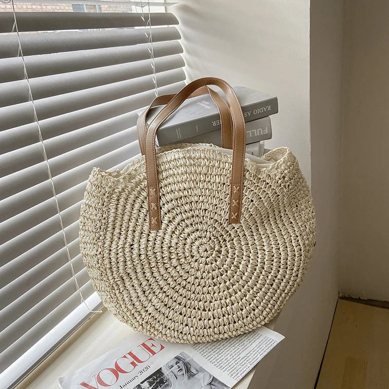 Willow | Circular Woven Handbag with Faux Leather Handles